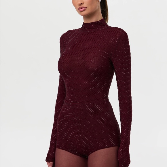 naked wardrobe Pants - Naked Wardrobe Burgundy CRYSTAL HIGH WAISTED SHORTS